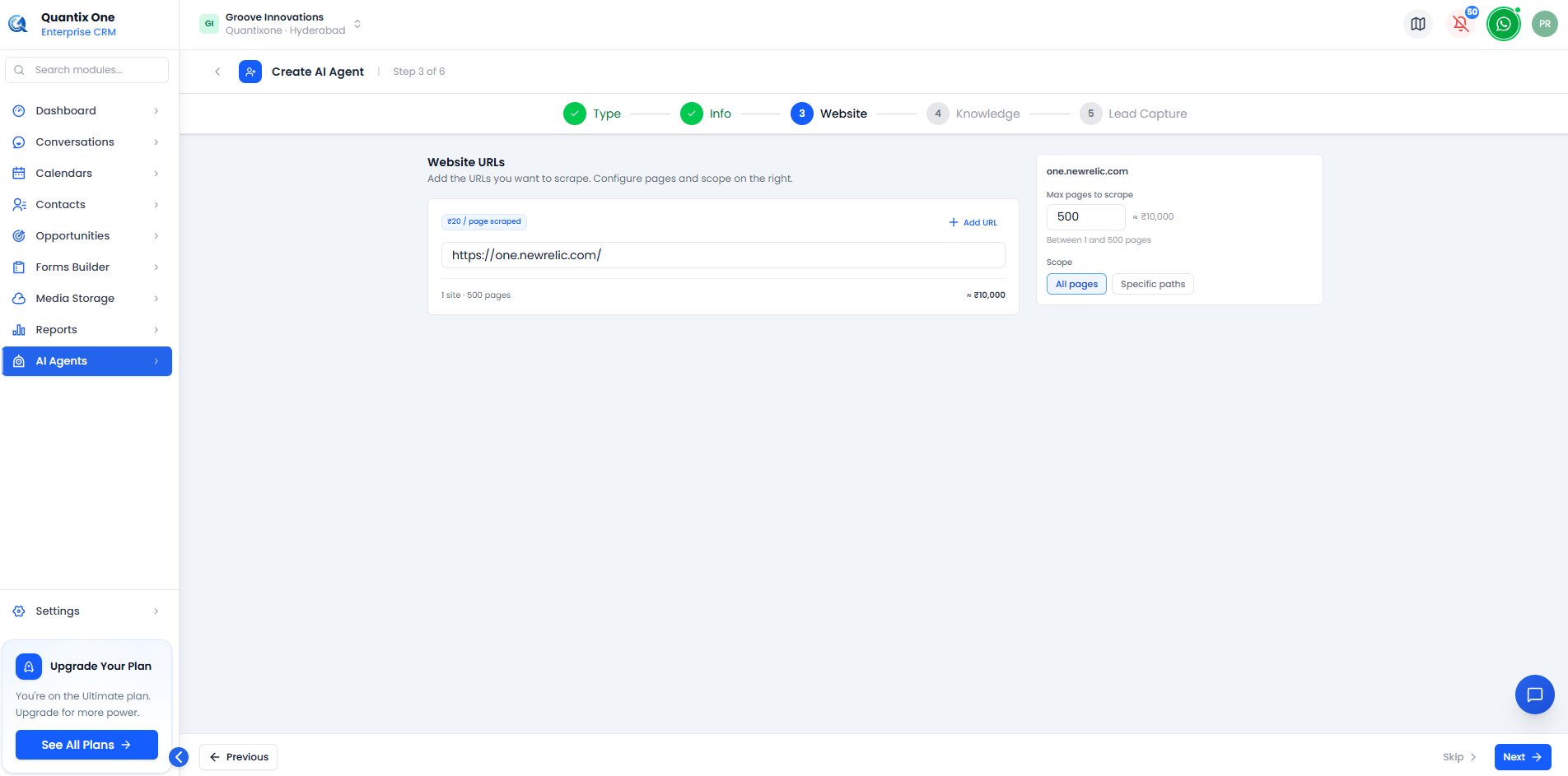 Create AI Agent — Website step