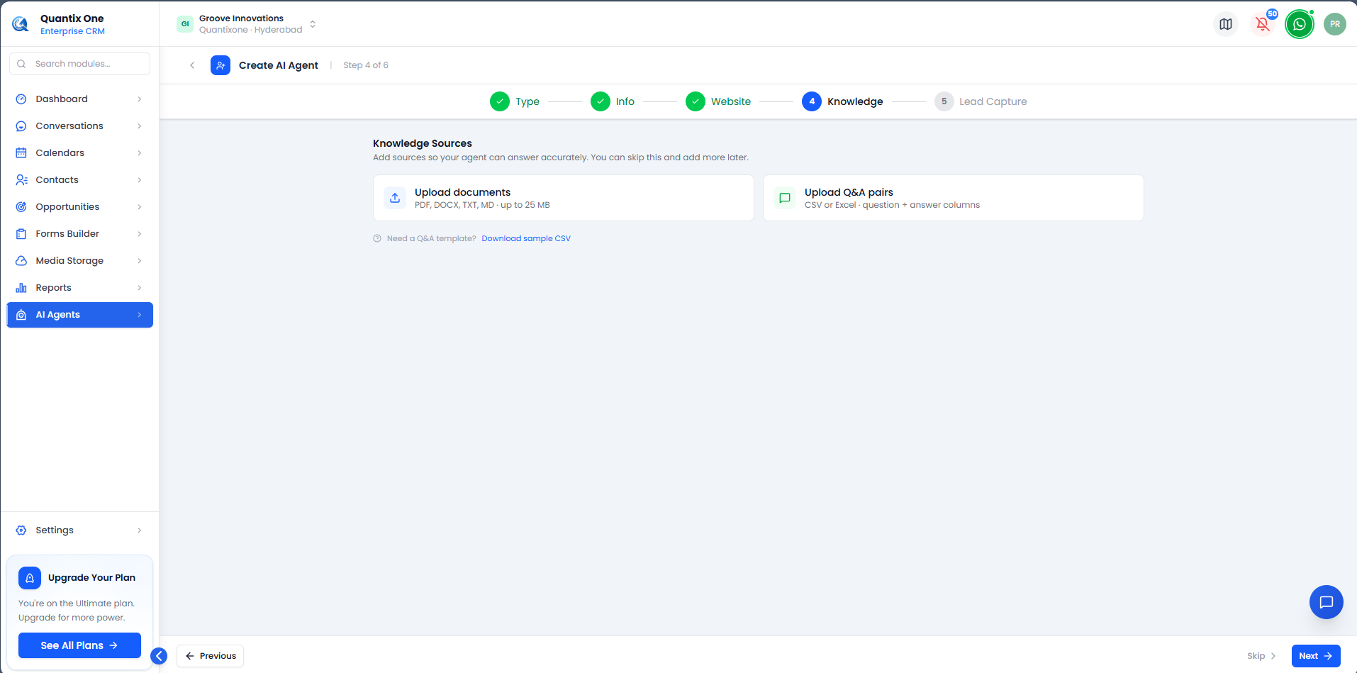 Create AI Agent — Knowledge step