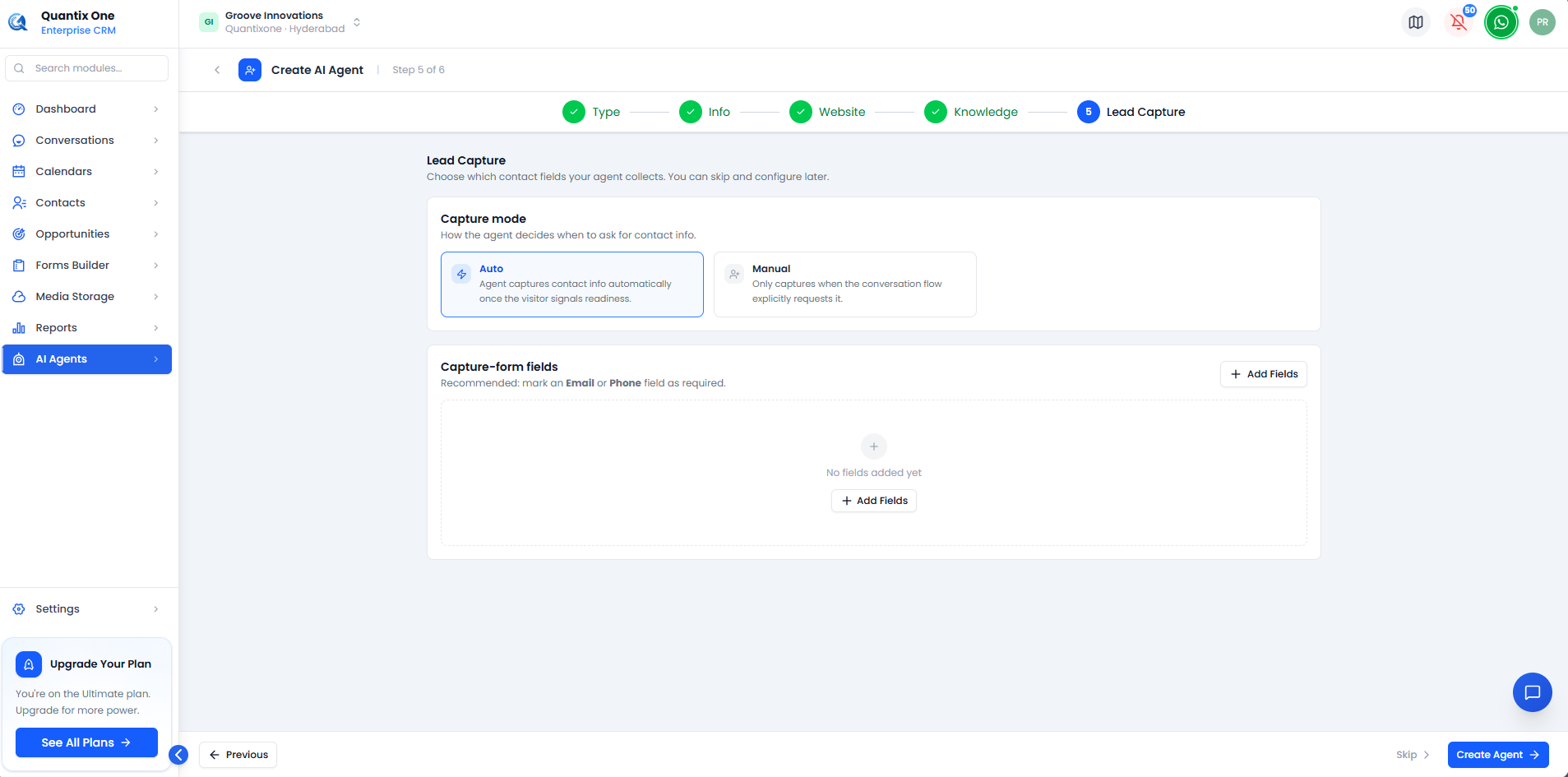 Create AI Agent — Lead Capture step