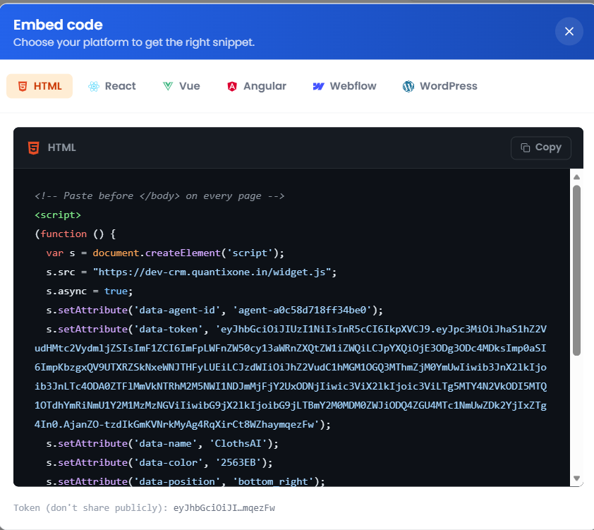 Embed snippet with framework tabs