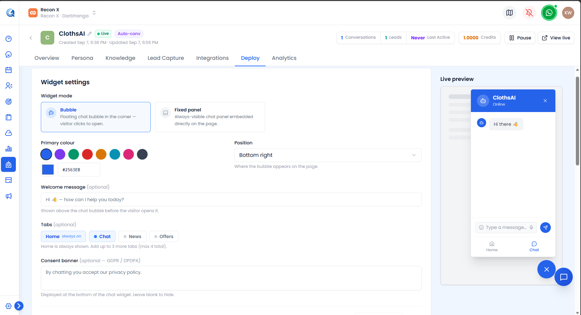 Deploy — Widget Settings