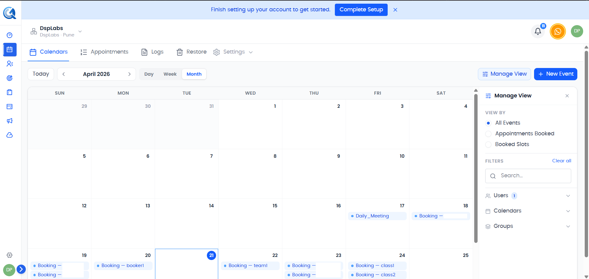 Appointments table showing a list of appointments with status badges