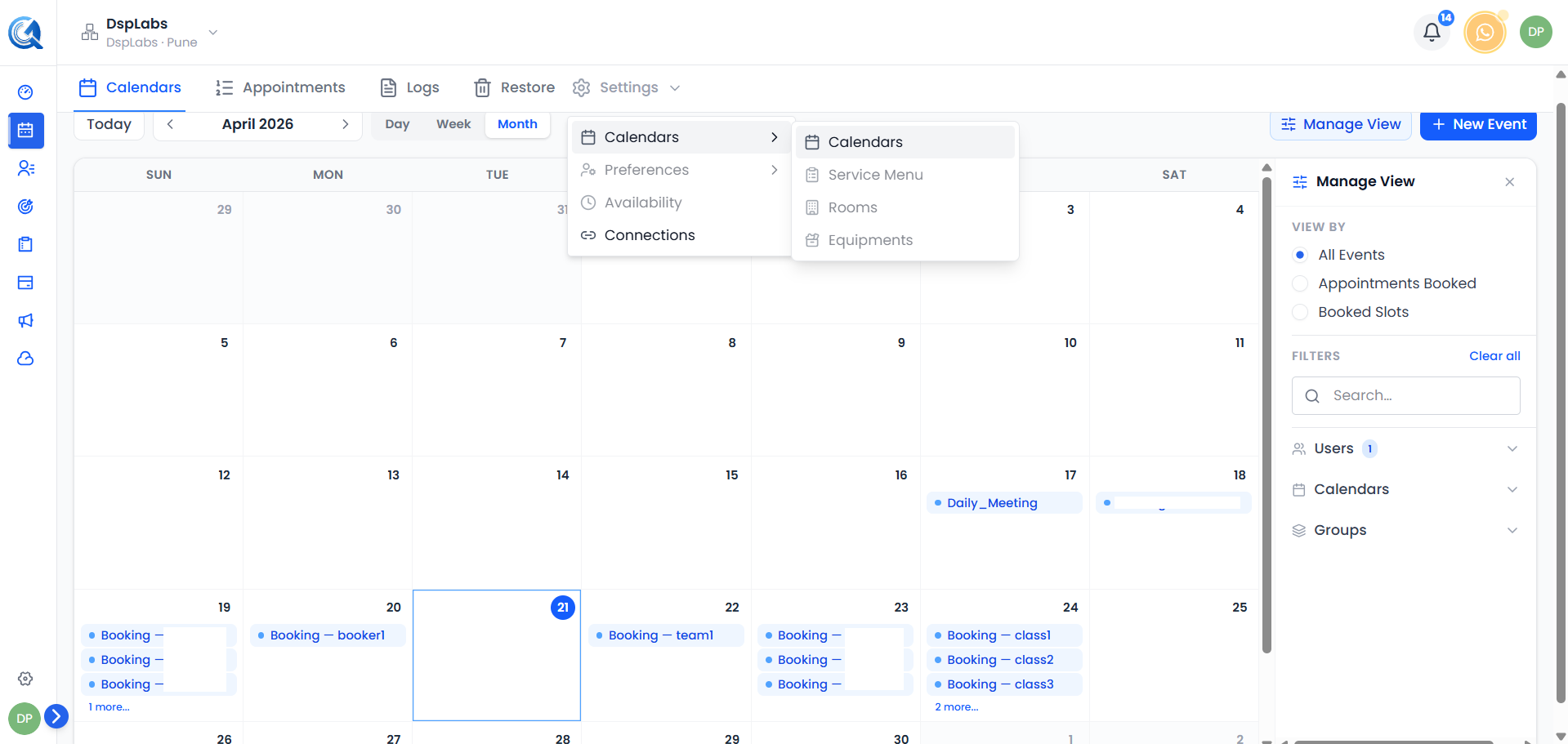 Calendar Settings page showing the list of existing calendars