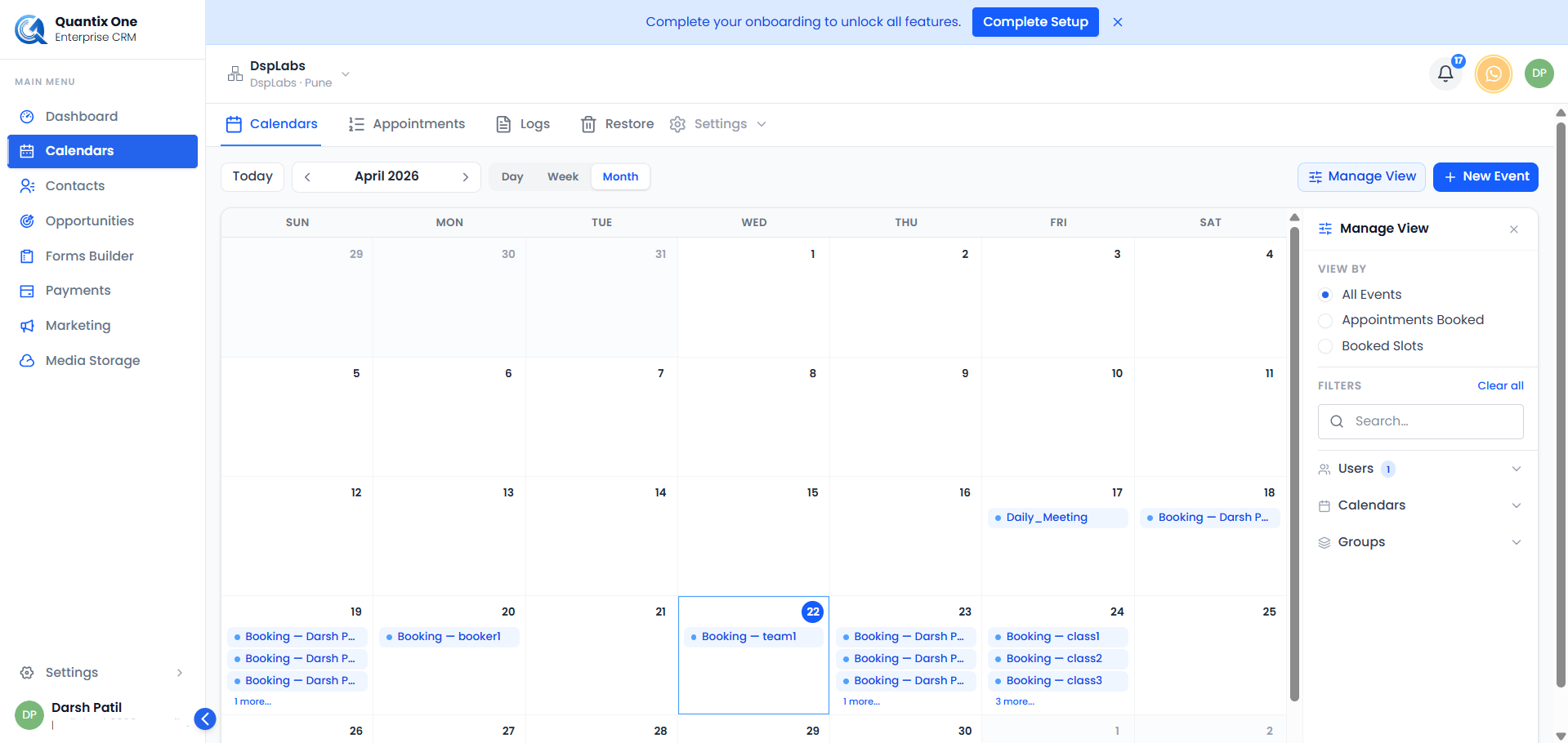 Calendar section in the left sidebar navigation
