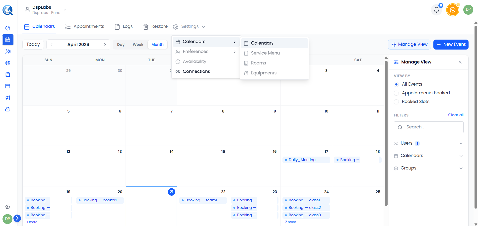Calendar Settings page showing groups and calendars listed below each group