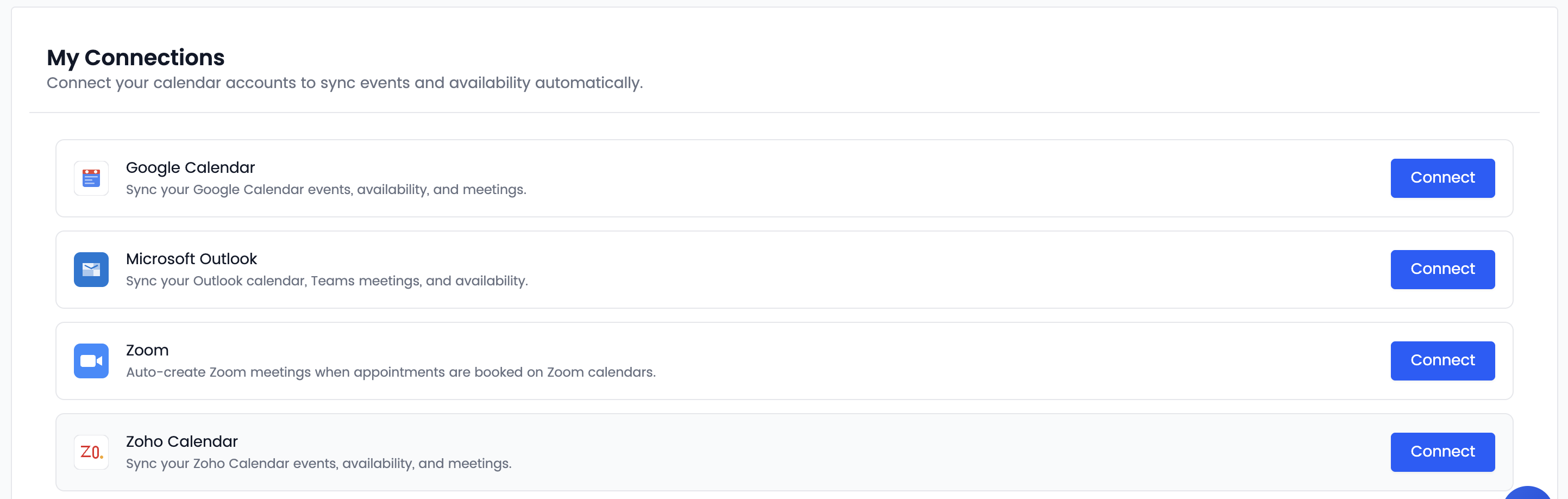 My Connections page showing Zoho Calendar with a Connect button