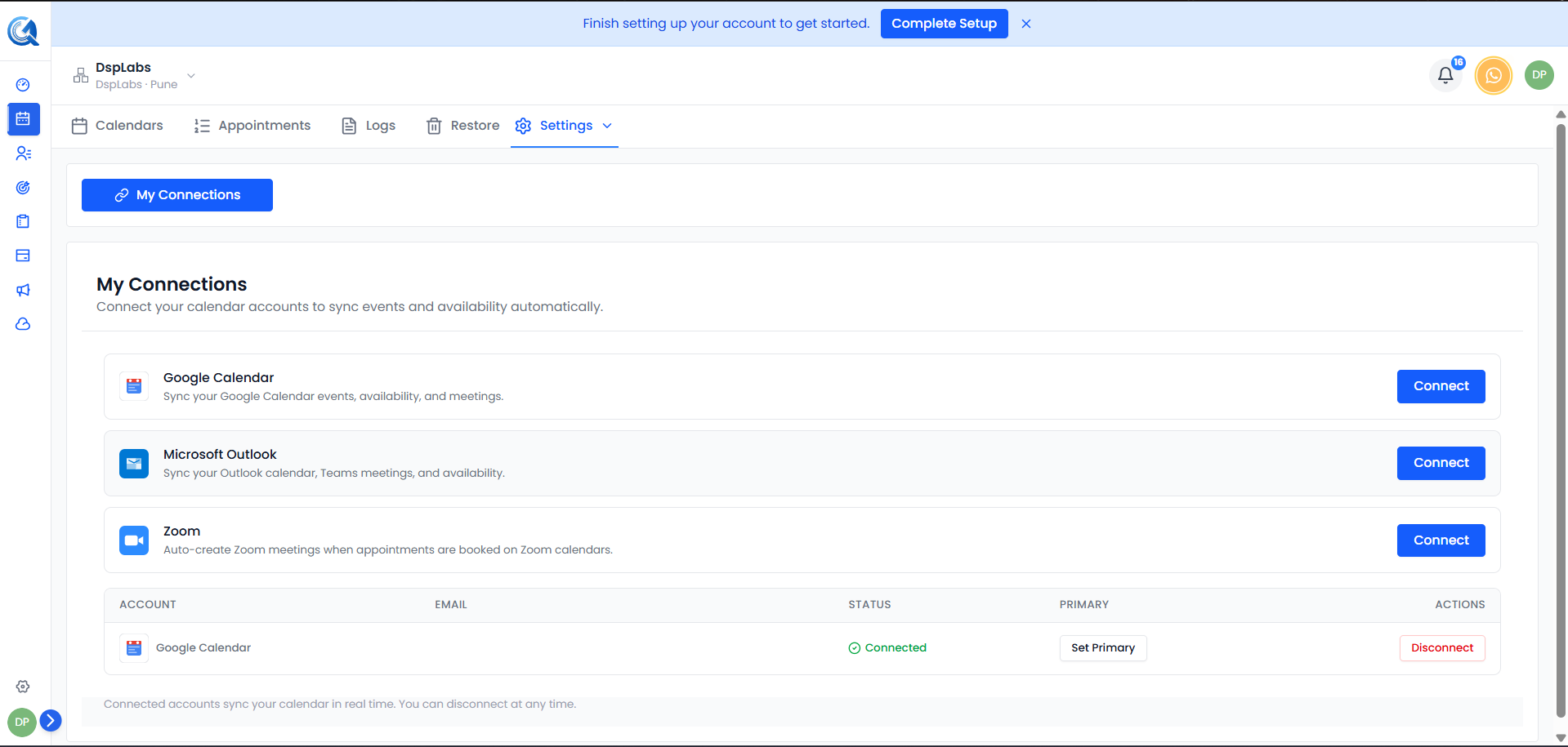 My Connections page showing Zoom with a Connect button