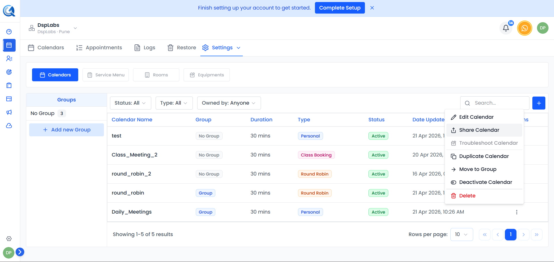 Share dialog with the Scheduling Link tab open showing the booking URL