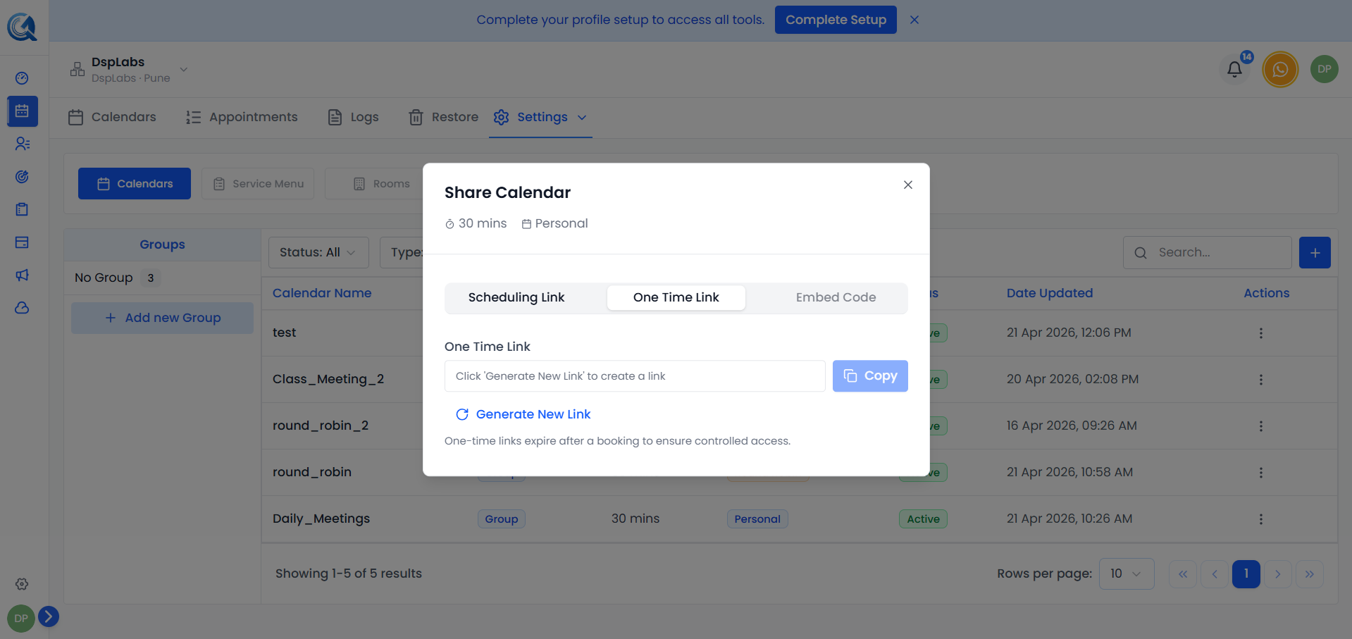 Calendar edit form with the One-Time Links section selected