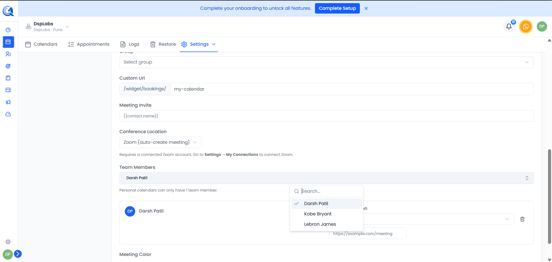 Calendar settings with the Team Members section open showing assignment mode options