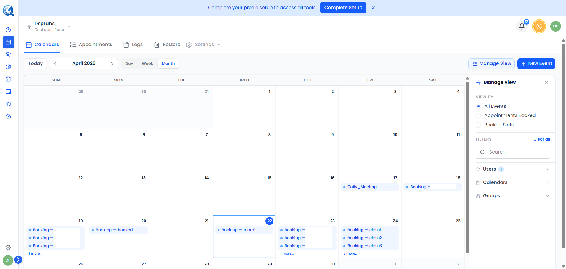 Calendar top navigation tabs and Settings dropdown