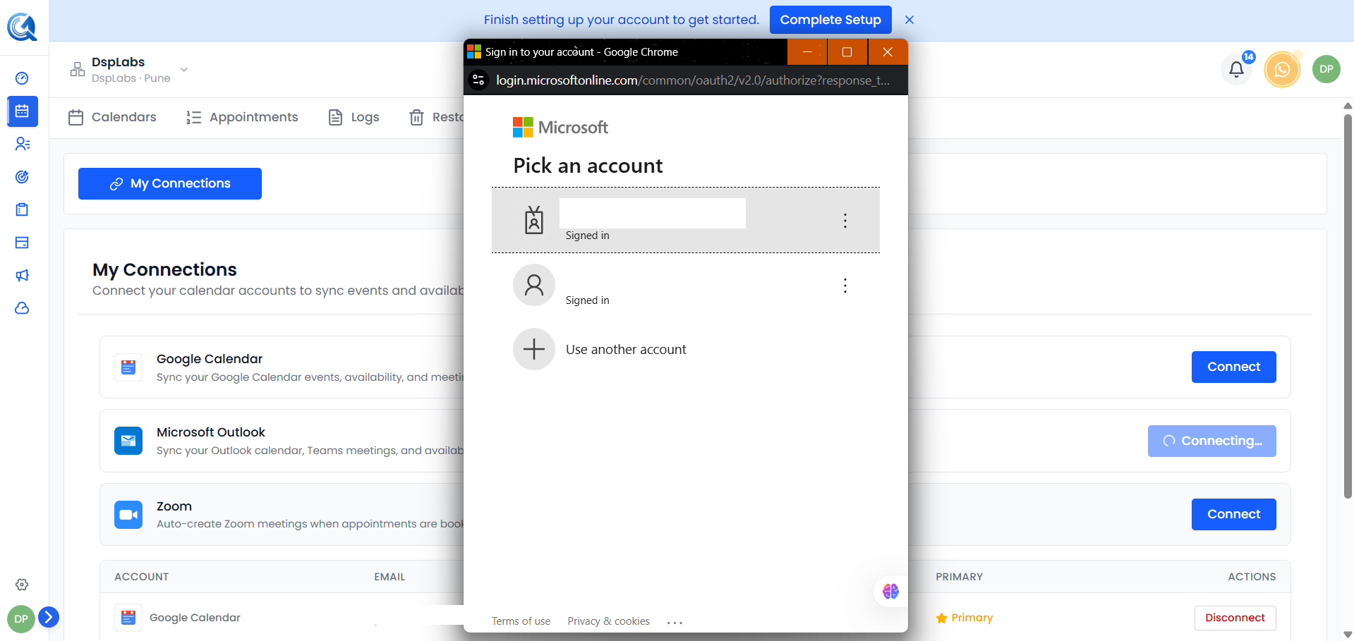 Microsoft OAuth permission screen requesting calendar access