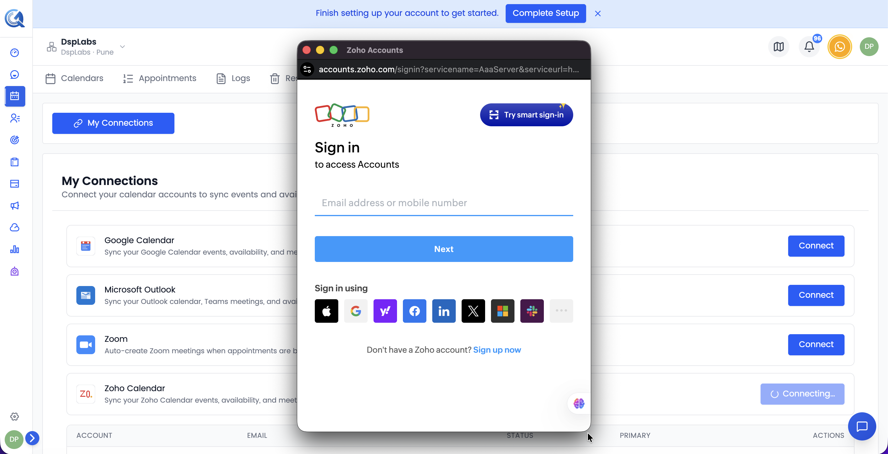 Zoho OAuth permission screen requesting calendar access