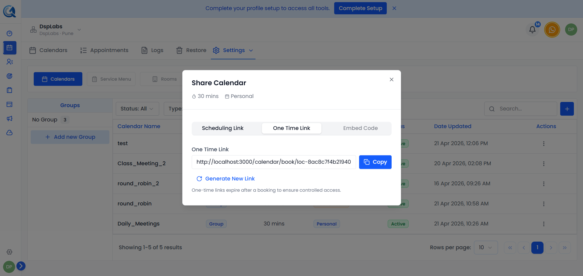 Generate Link button in the One-Time Links section