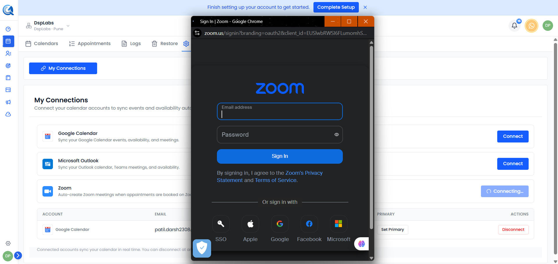 Zoom OAuth authorisation screen requesting meeting access