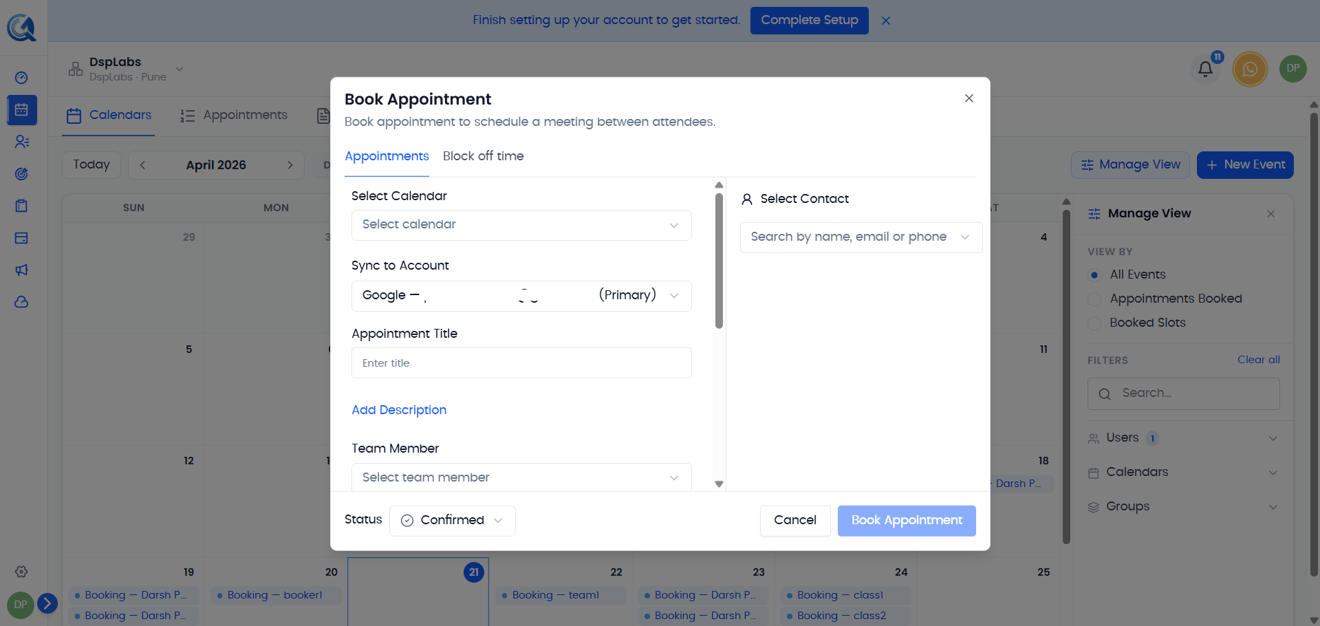 New appointment form with all fields filled in