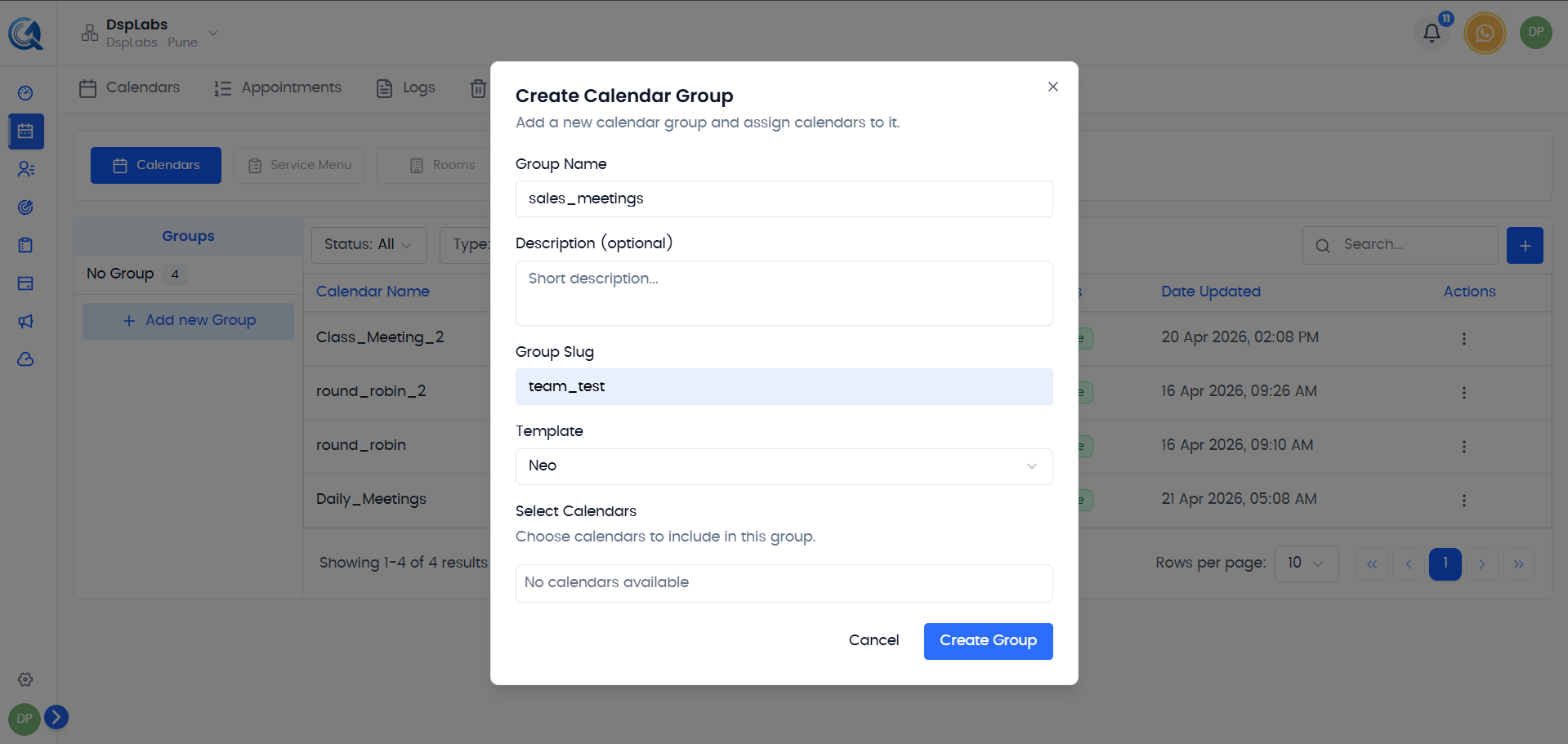 Create Group form showing name, description, and calendar selection fields
