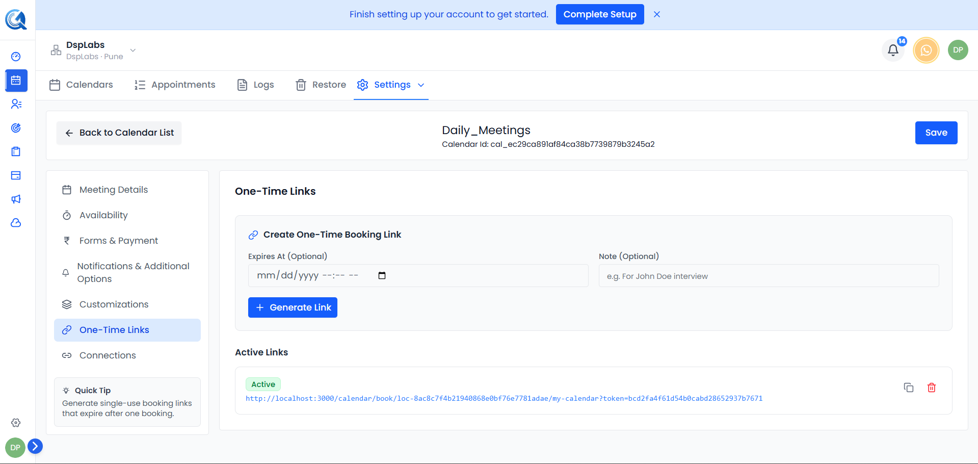 One-time link creation form with an optional expiry date and note field