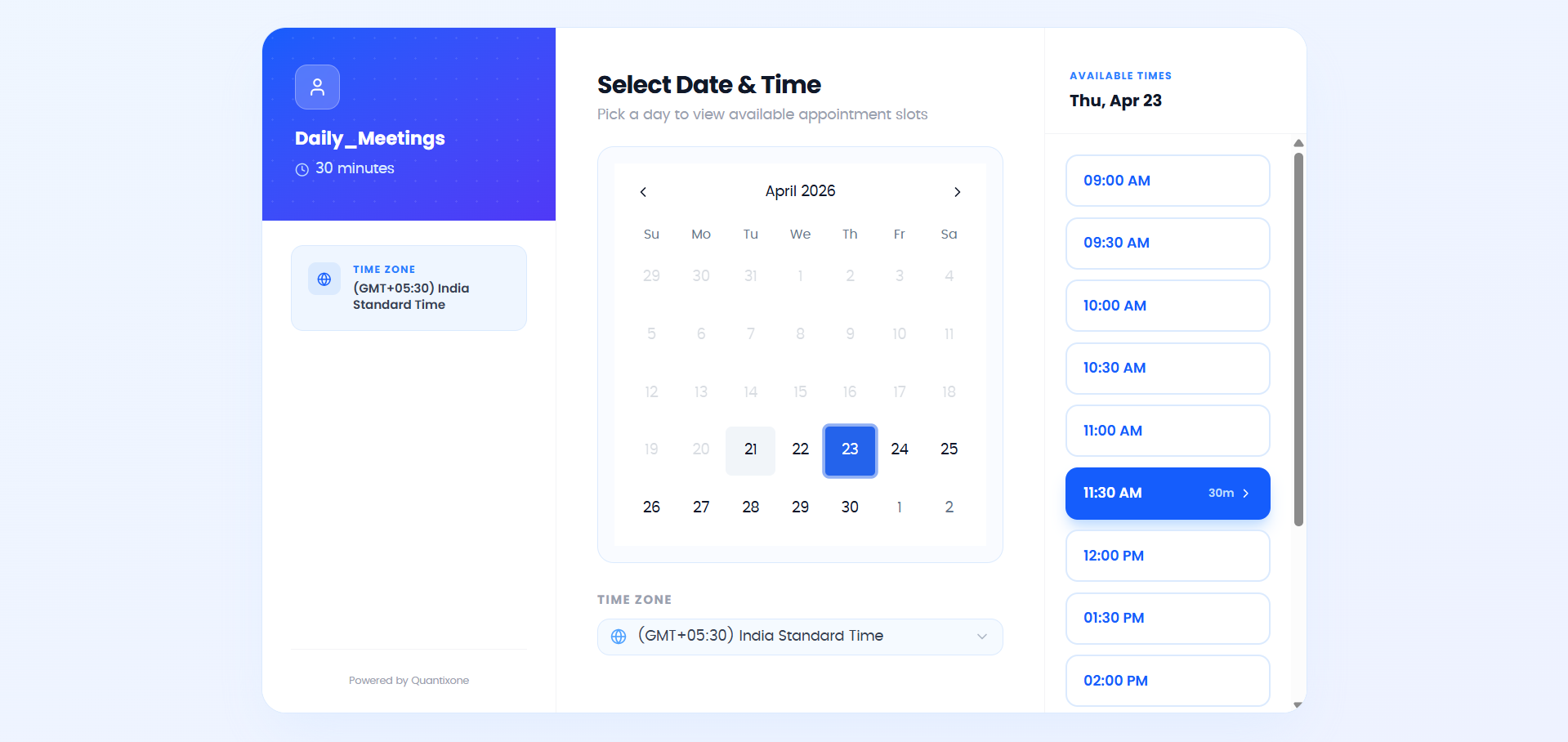 Time slot selector showing available slots for the selected date