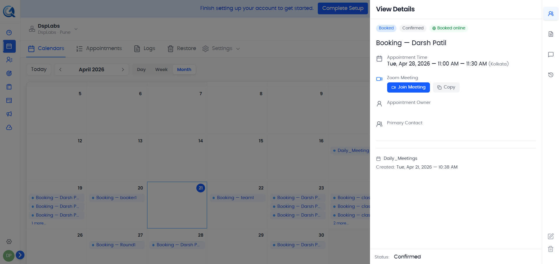 Appointment status badges shown on the details drawer