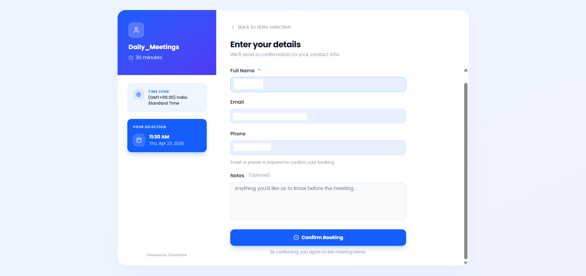 Booking form showing Full Name, Email, Phone, and Notes fields with a Confirm Booking button