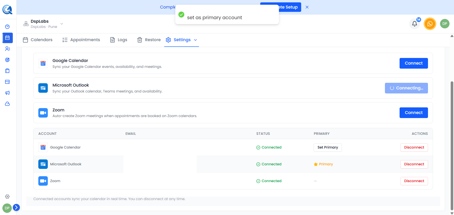 Set Primary button next to a Microsoft account in the connected accounts table