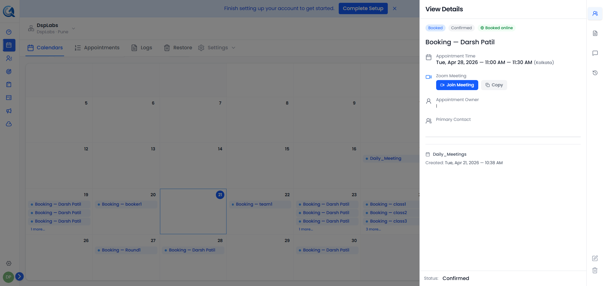 Appointment details showing a Zoom meeting link with a Copy button