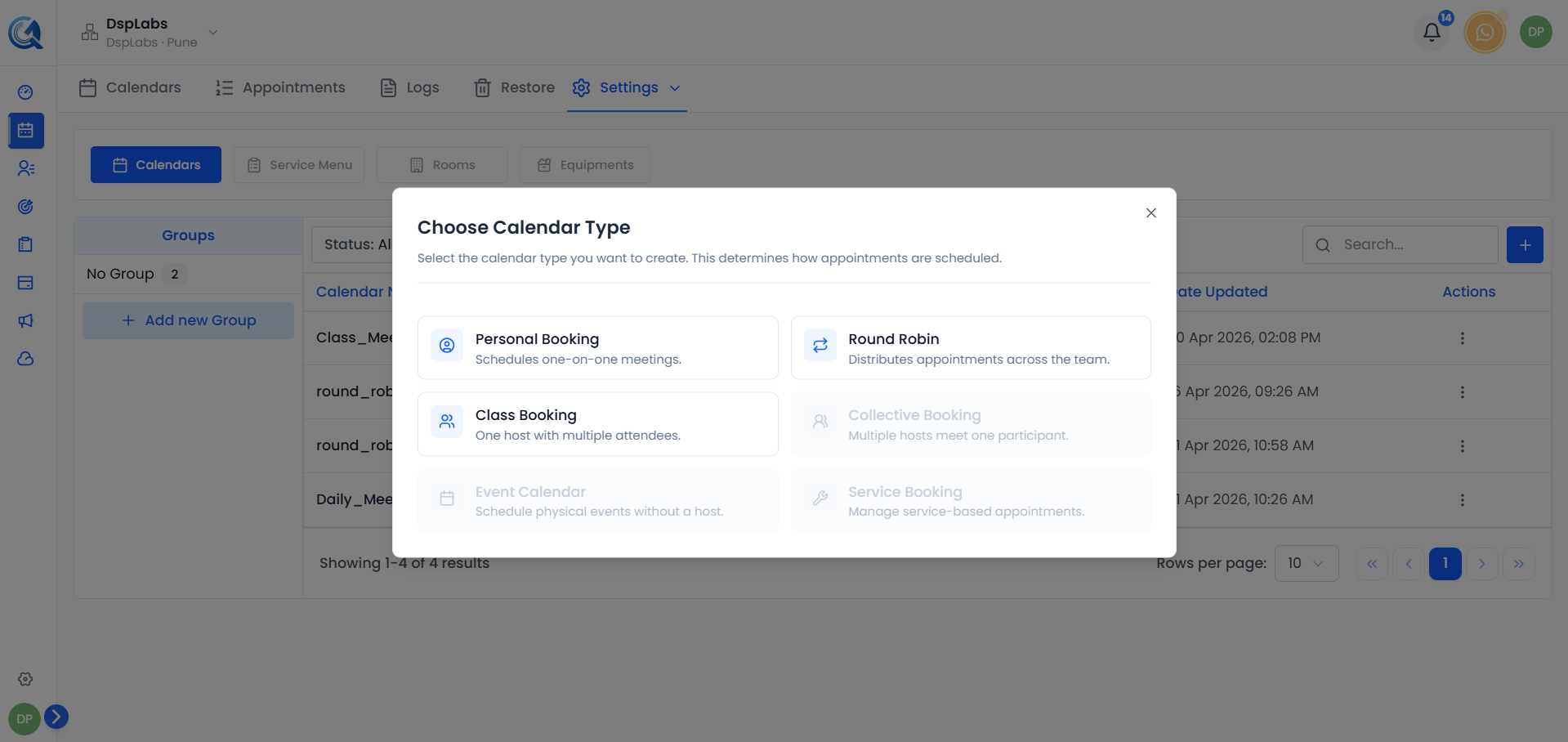 Calendar type selection dialog showing Personal Booking, Round Robin, and Class Booking options