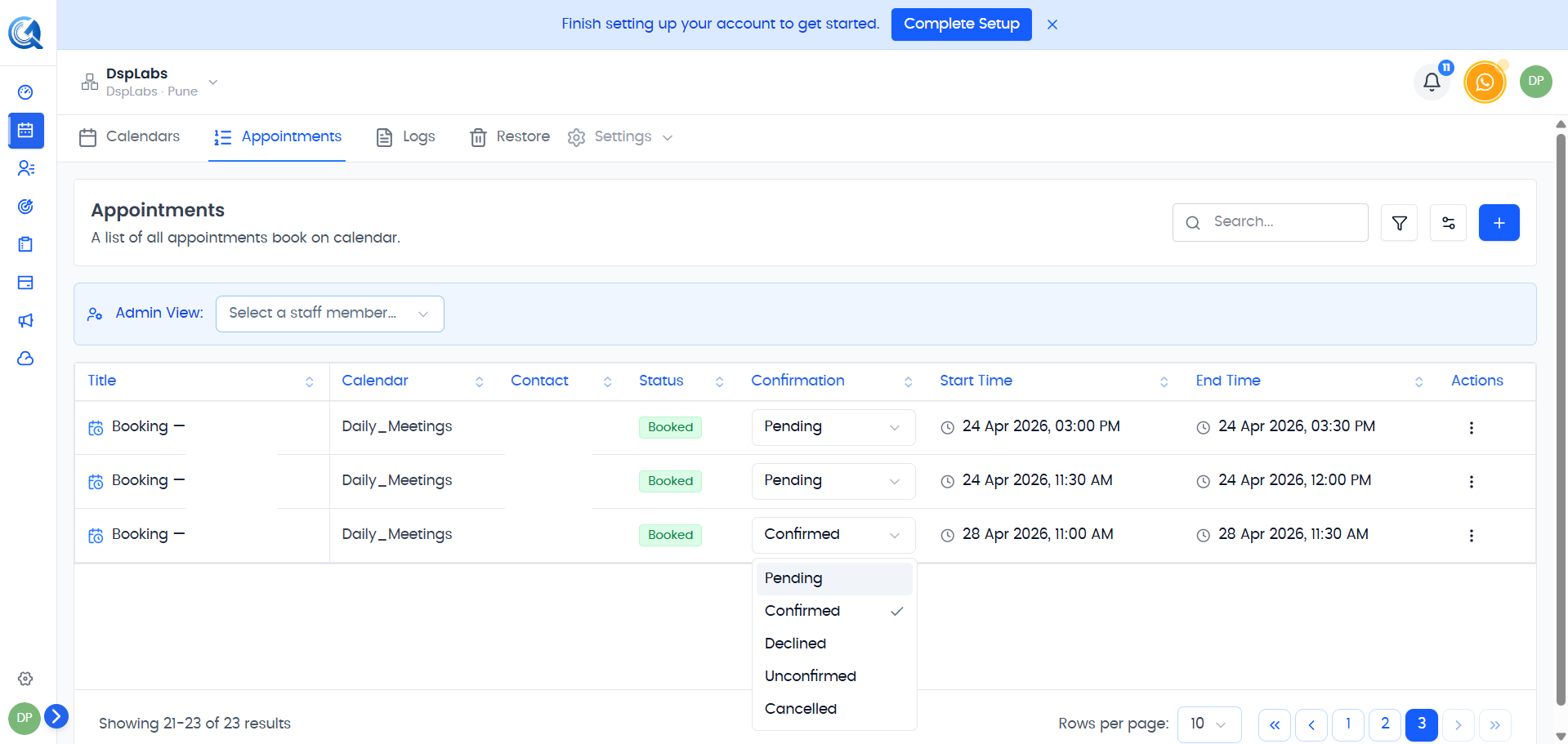 Edit appointment modal with fields for title, time, and confirmation status