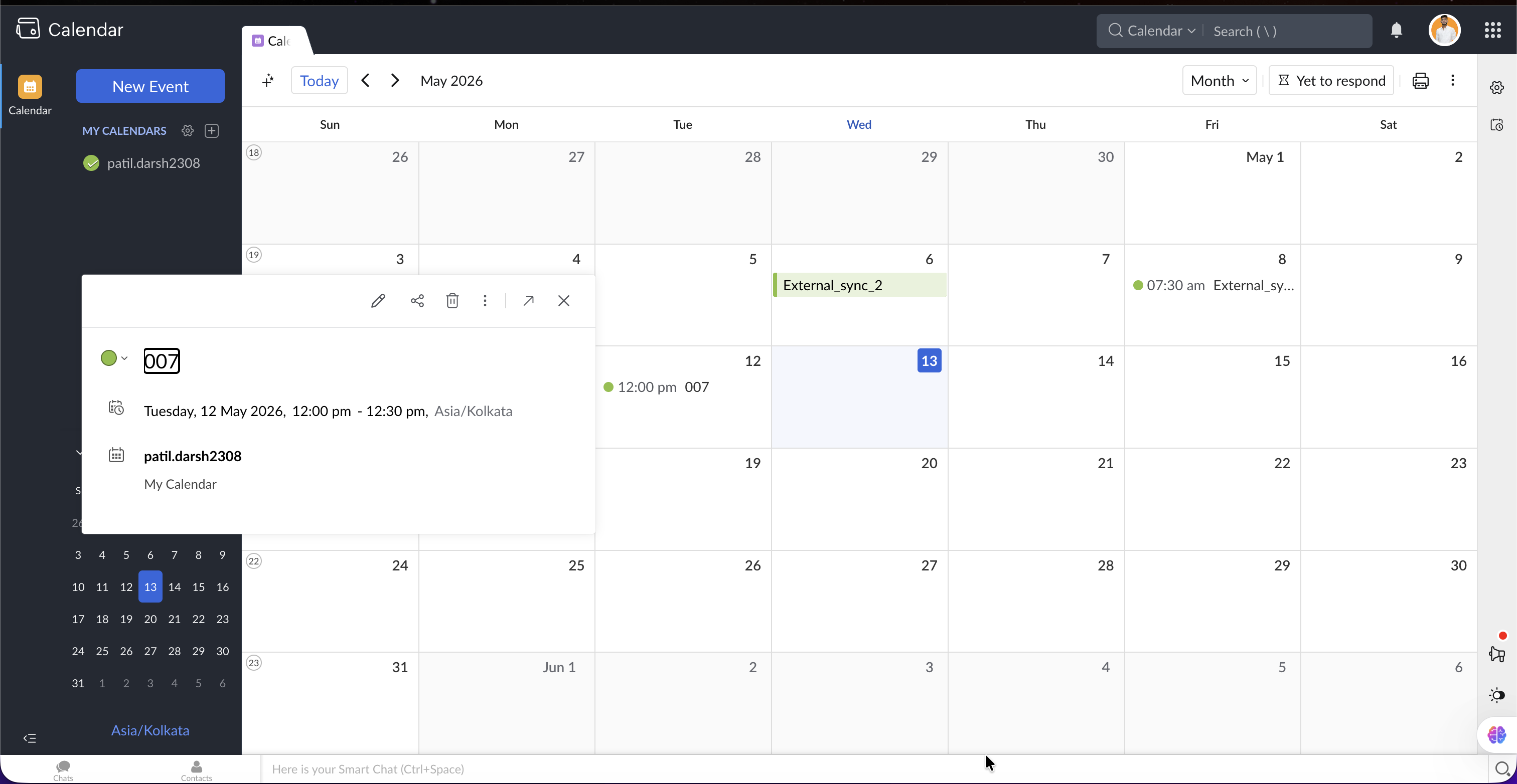 Zoho Calendar showing a QuantixOne appointment synced as an event