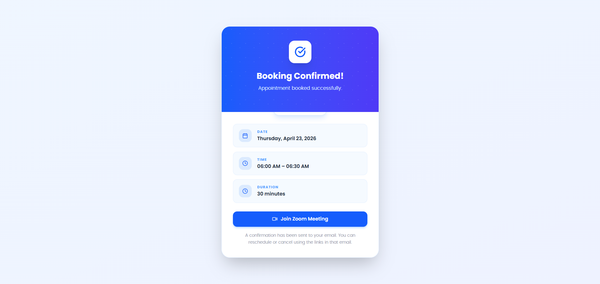 Booking confirmation screen showing date, time, and any meeting link