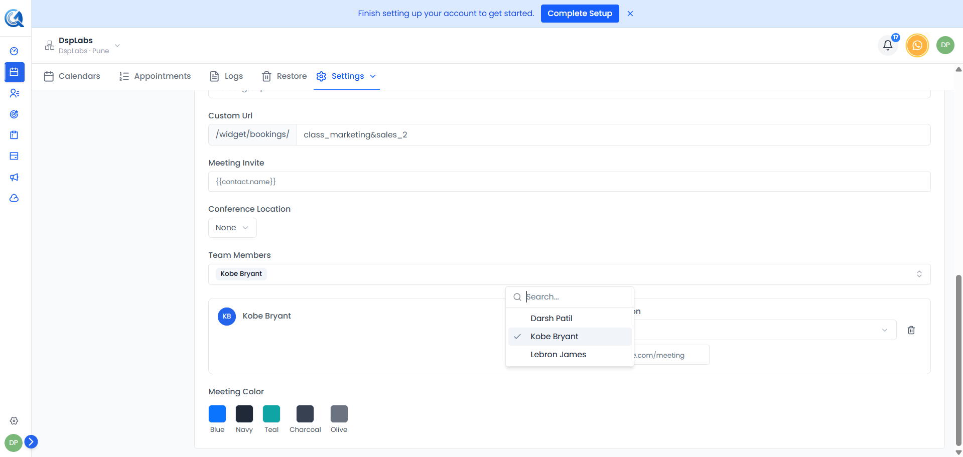 Class Booking mode selected with a single host