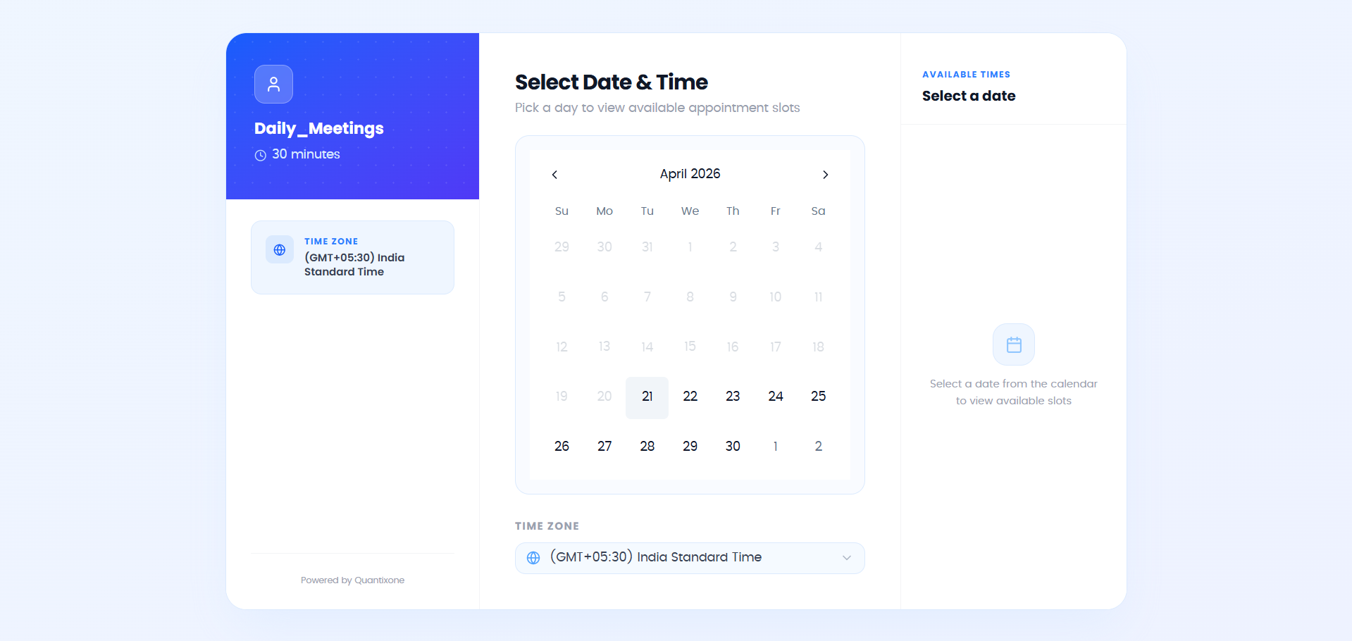 Client view of the one-time booking page