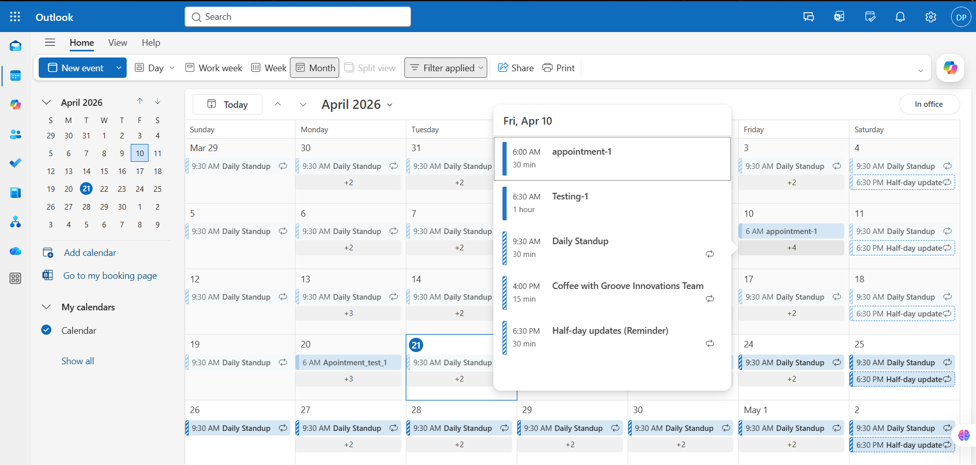 Outlook calendar showing a QuantixOne appointment synced as an event