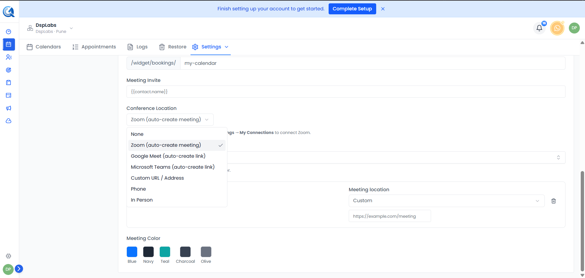 Calendar edit form showing Zoom selected as the Meeting Location