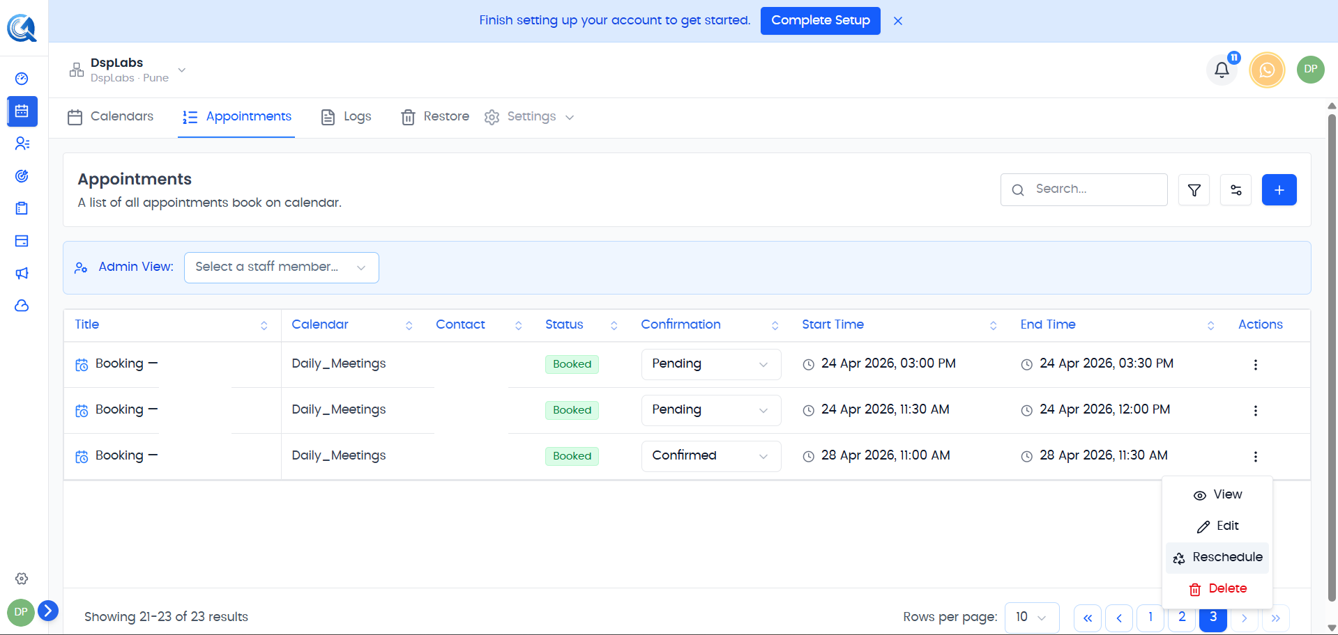 Edit modal with start and end date/time fields selected for rescheduling