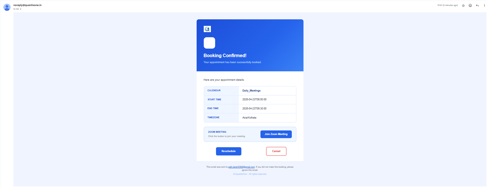Reschedule and Cancel links on the client booking confirmation page