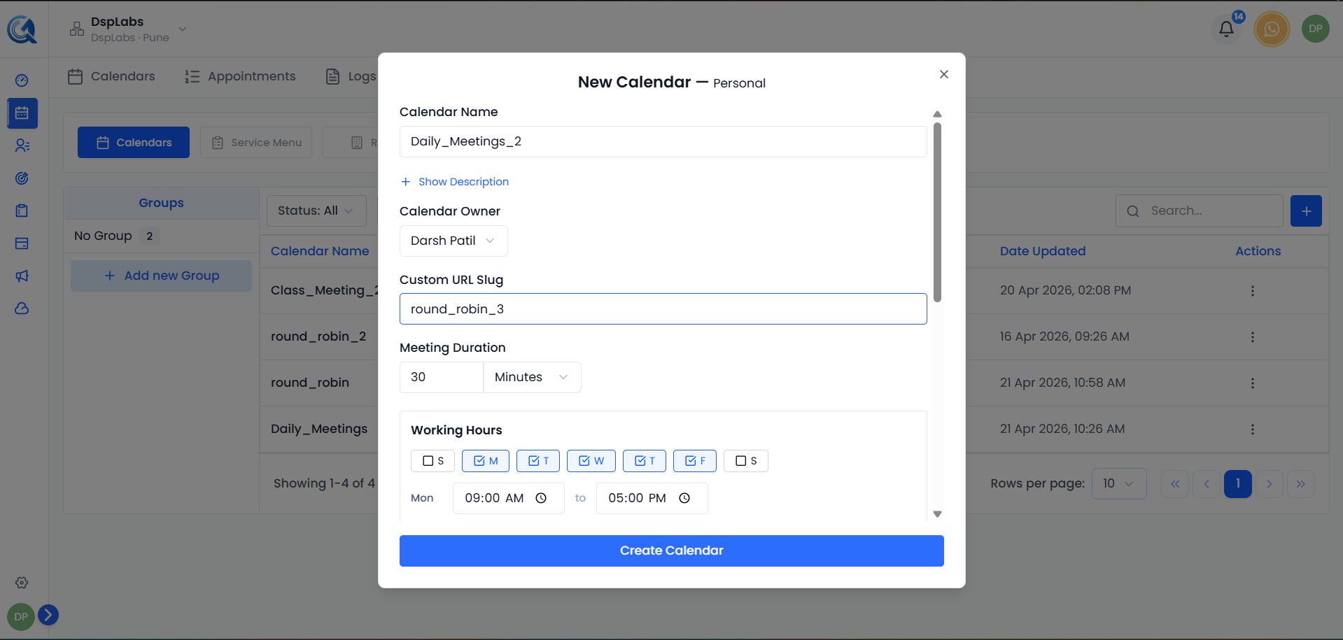 Save button at the bottom of the calendar creation form