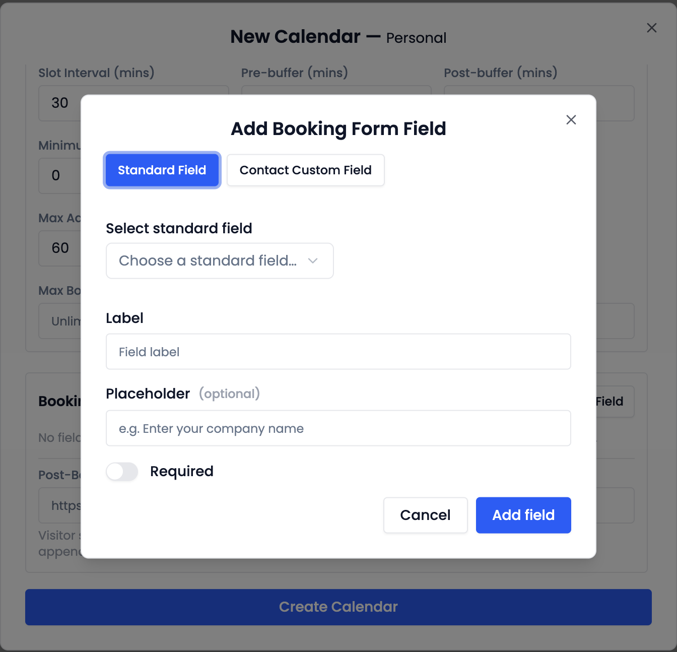 Custom field editor showing field type, label, and contact-mapping options