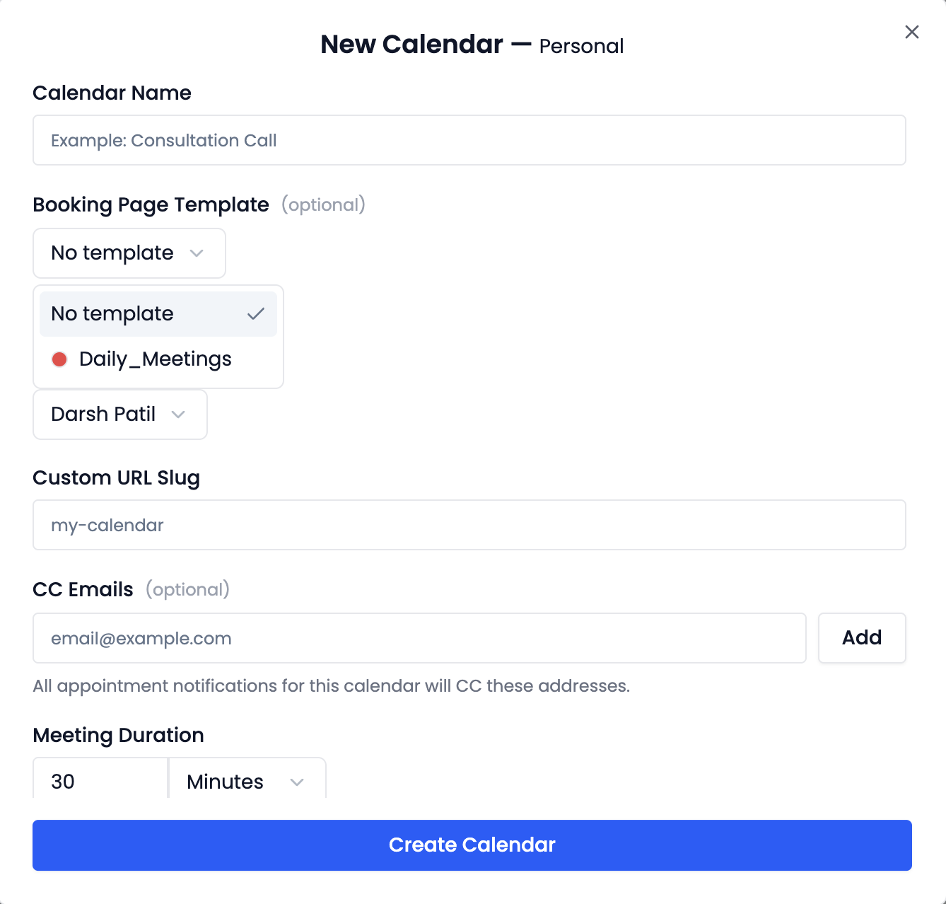 Template dropdown at the top of the calendar form