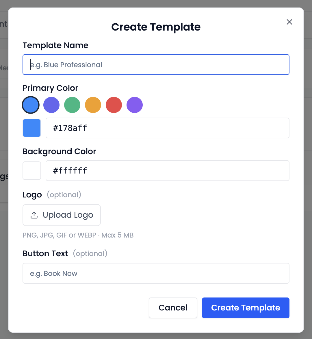 Template form with the Logo upload area