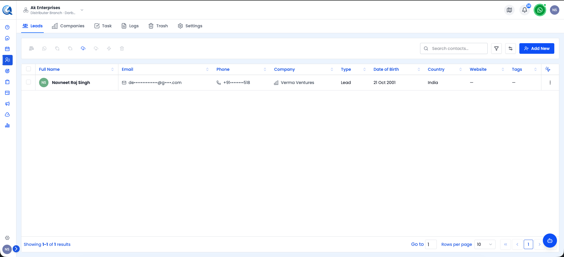Contacts list showing the Leads tab with existing contacts