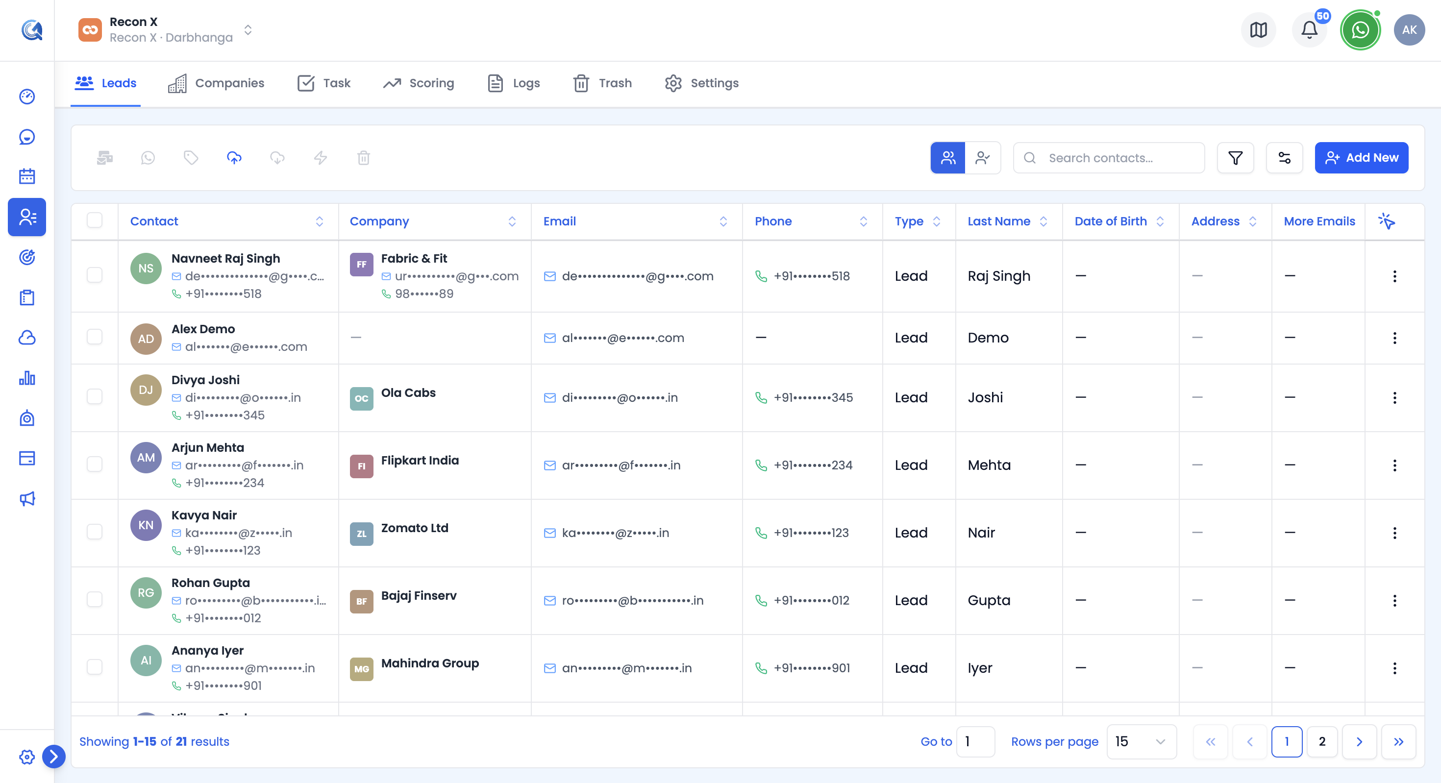 Contacts list showing the Leads tab with existing contacts