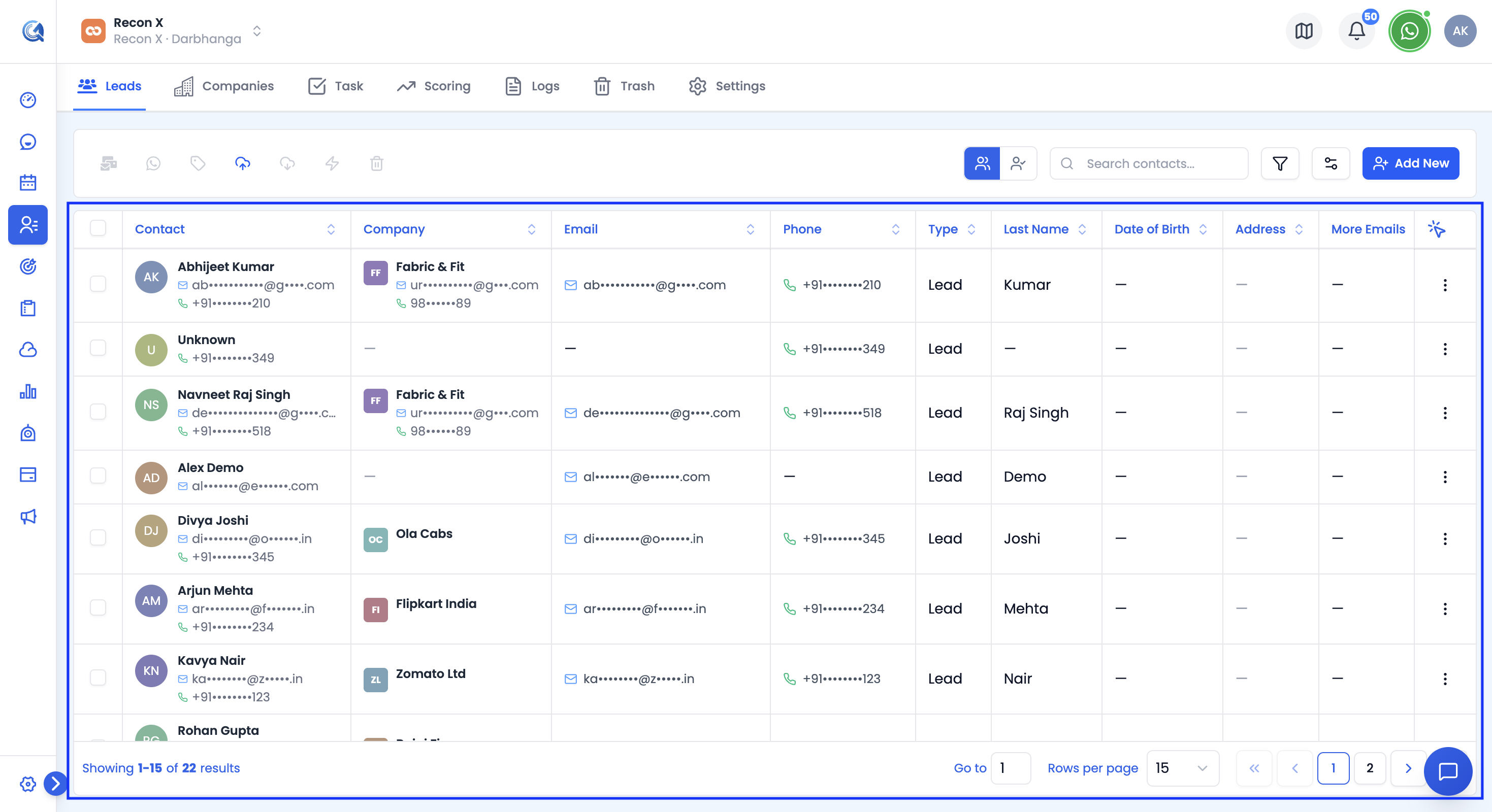 Contacts list showing the Leads tab with existing contacts