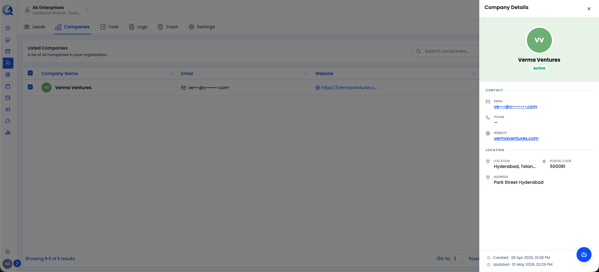Company Details panel showing company name, Active status, email, website, location, and address