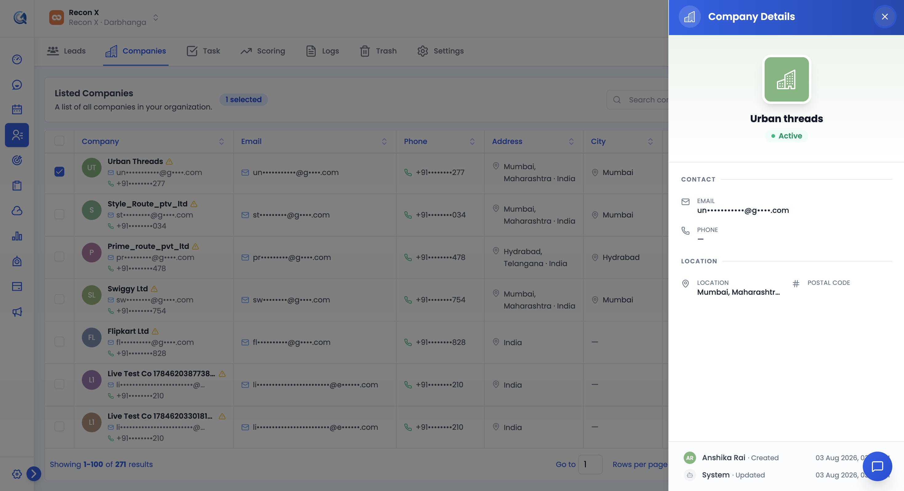 Company Details panel showing company name, Active status, email, website, location, and address