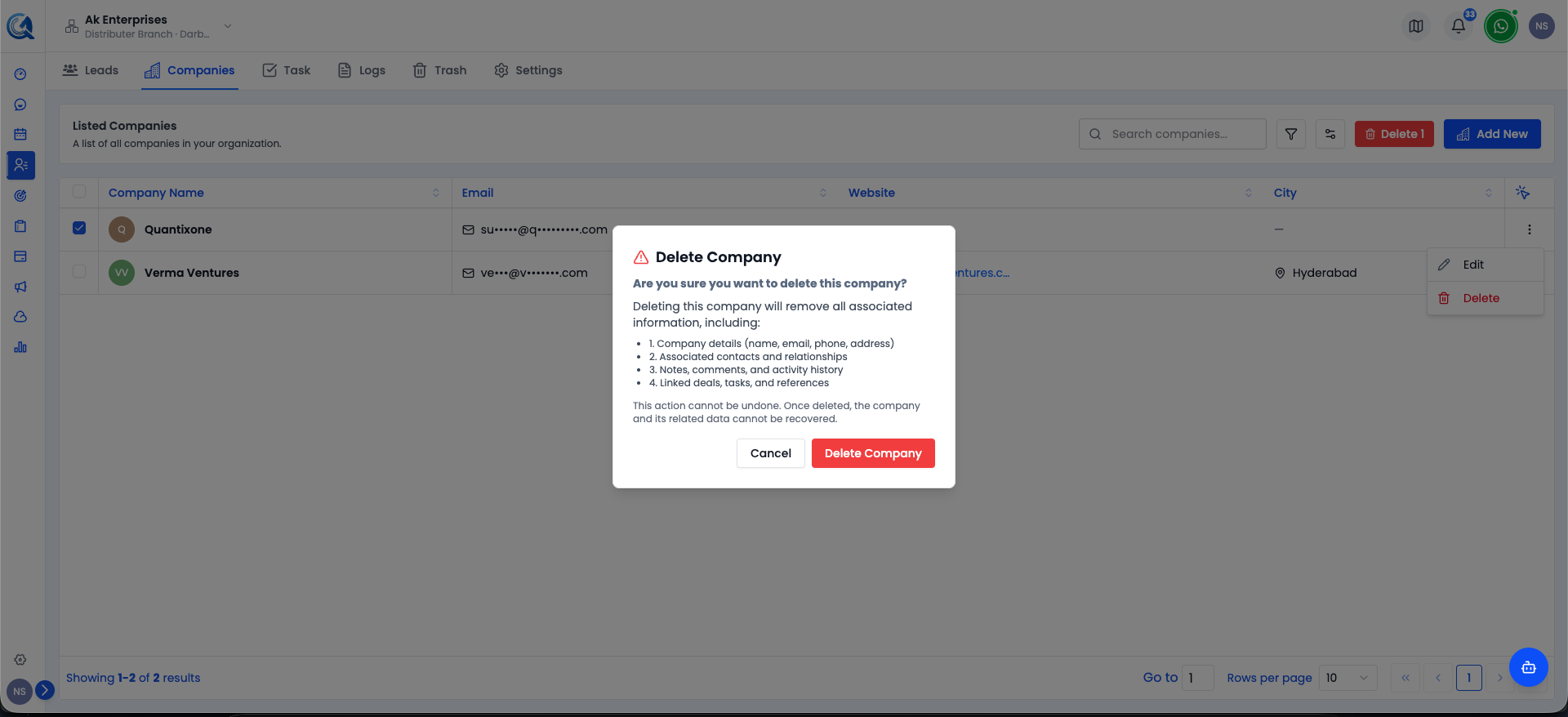 Delete option in the company more options menu