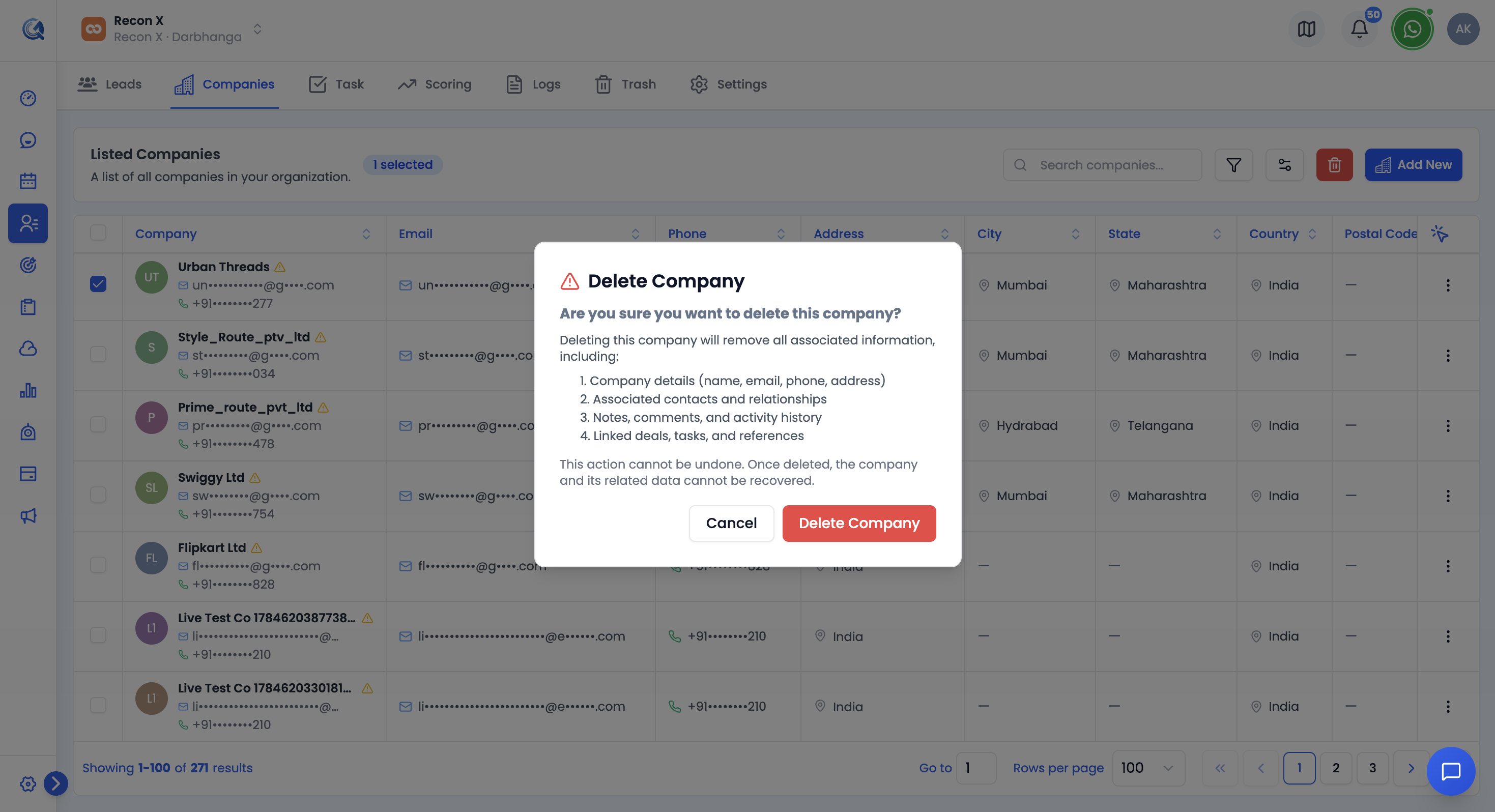 Delete option in the company more options menu