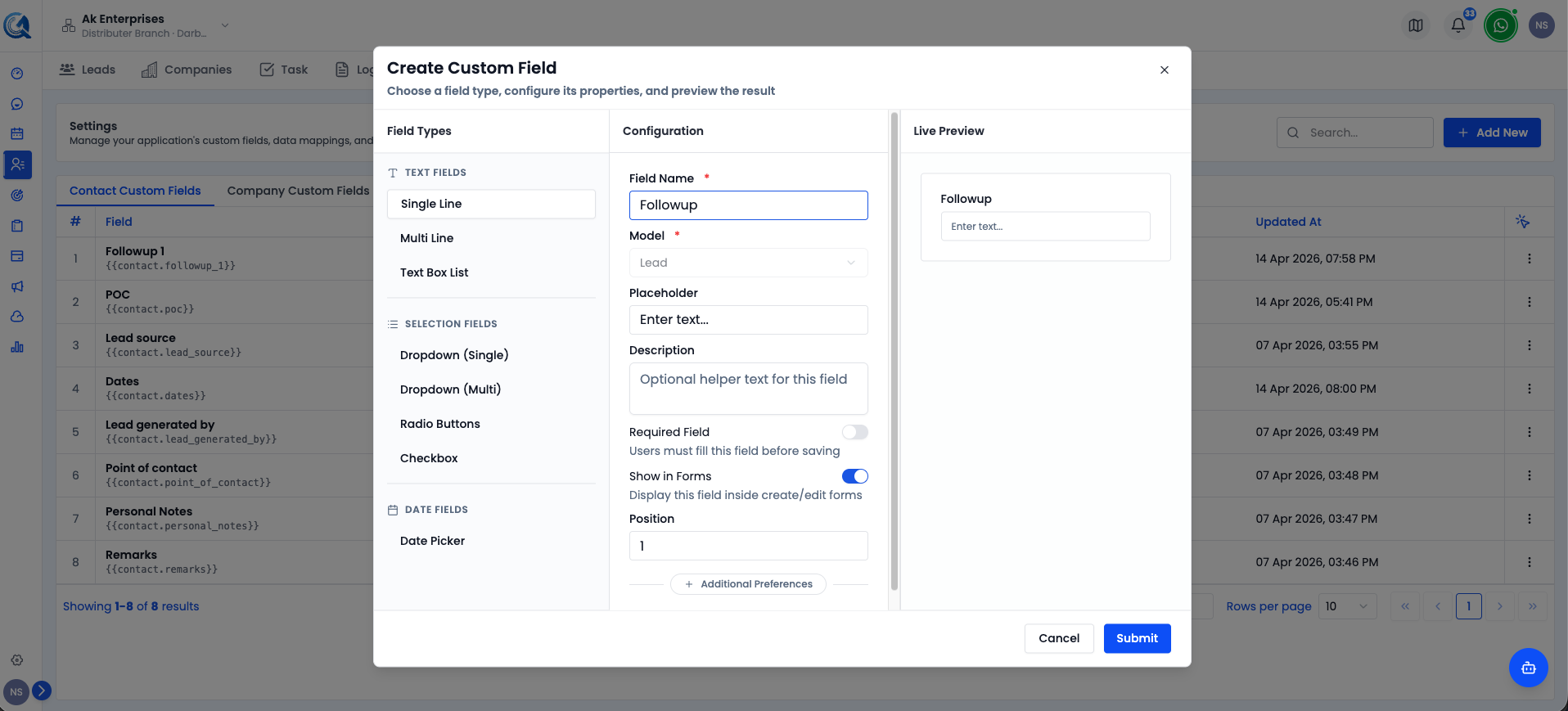Custom field creation form