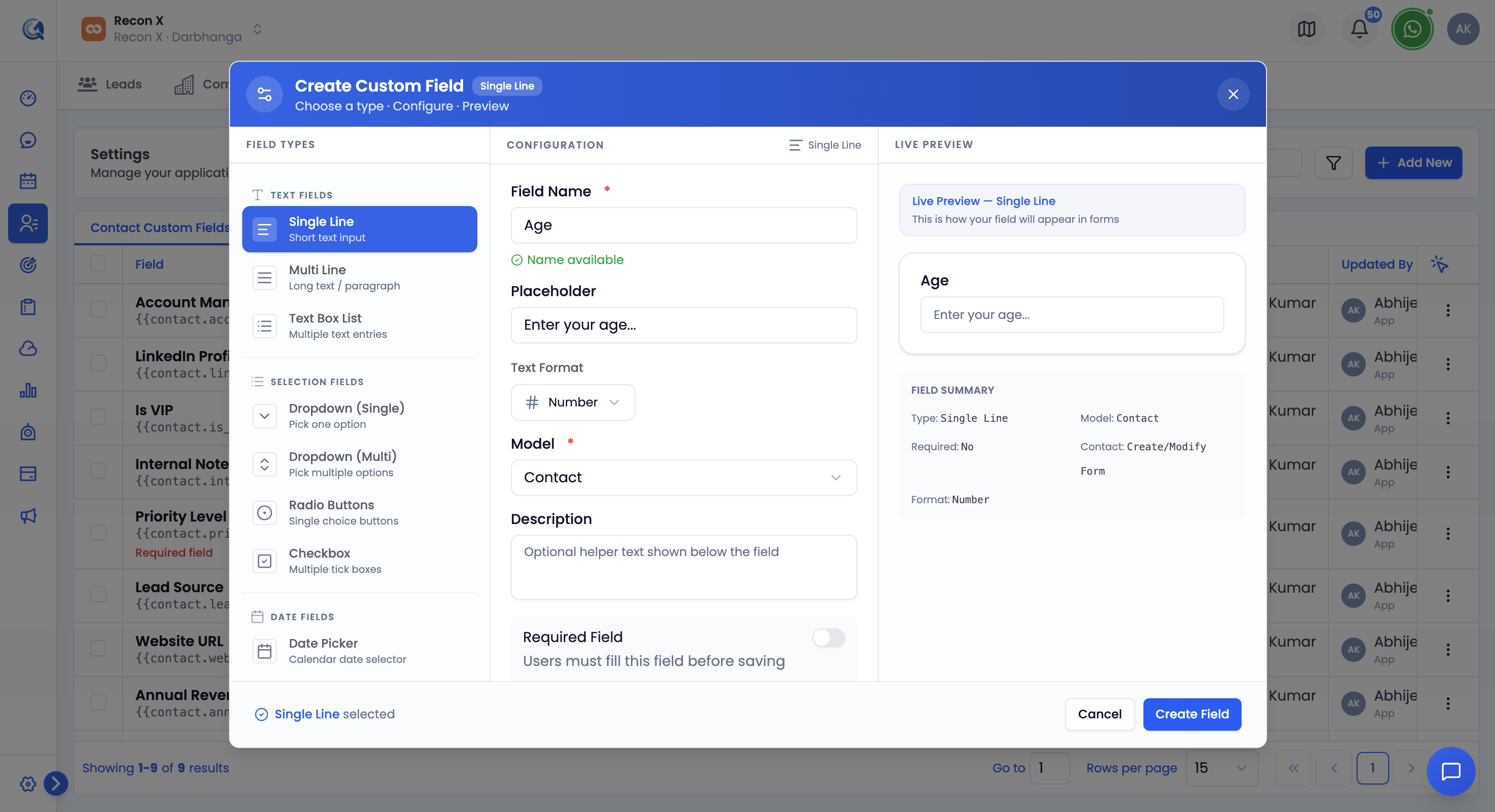 Custom field creation form